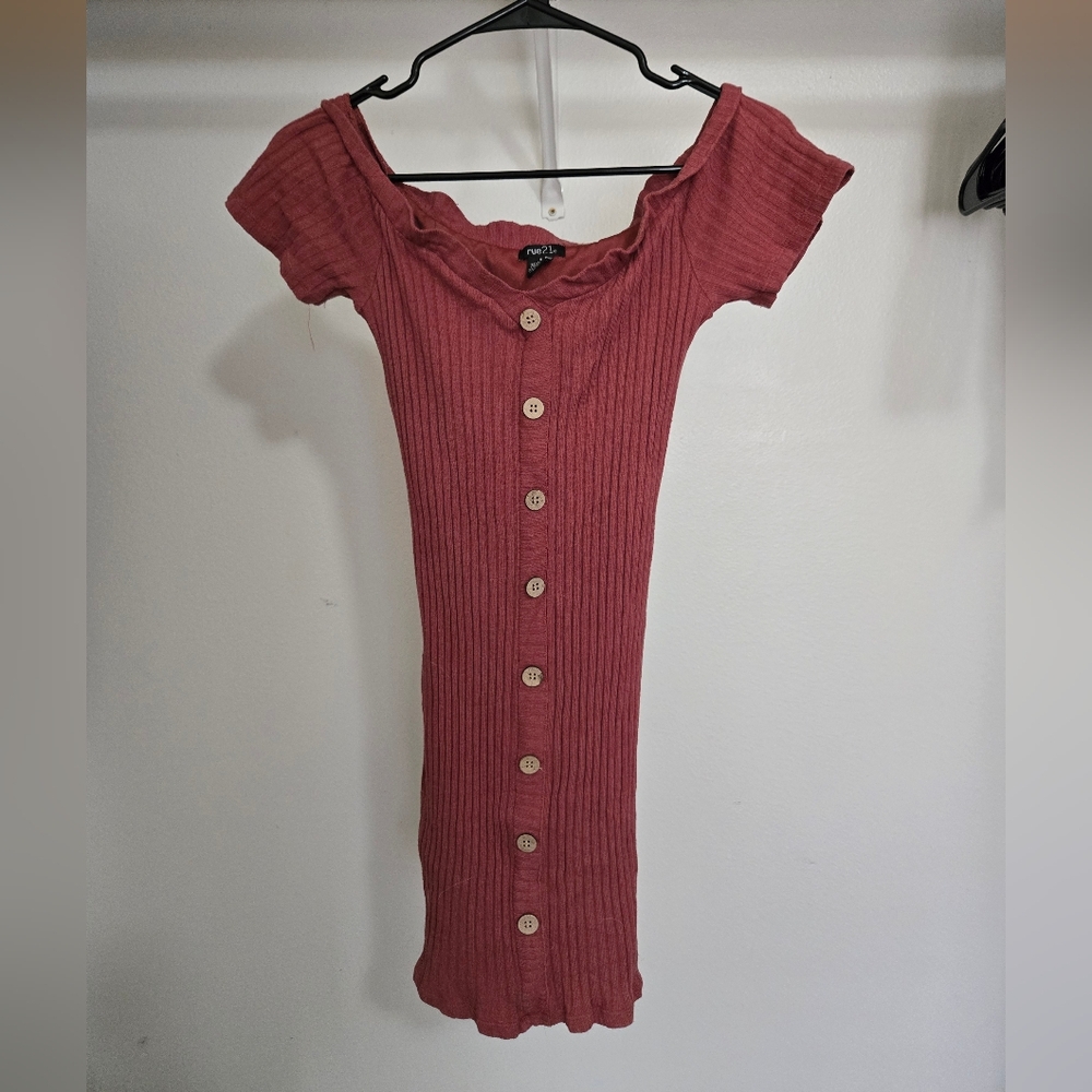 Rue21 Terracotta Pink Ribbed Button Down Bodycon Off Shoulder Dress